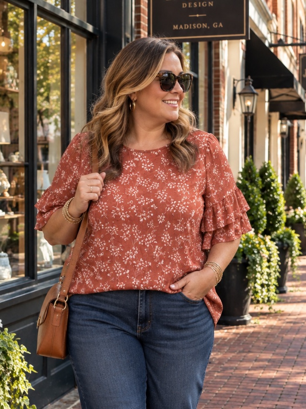 Ava & Viv Womens 1X Terracotta Floral Ruffle Short Sleeve Blouse Top NEW